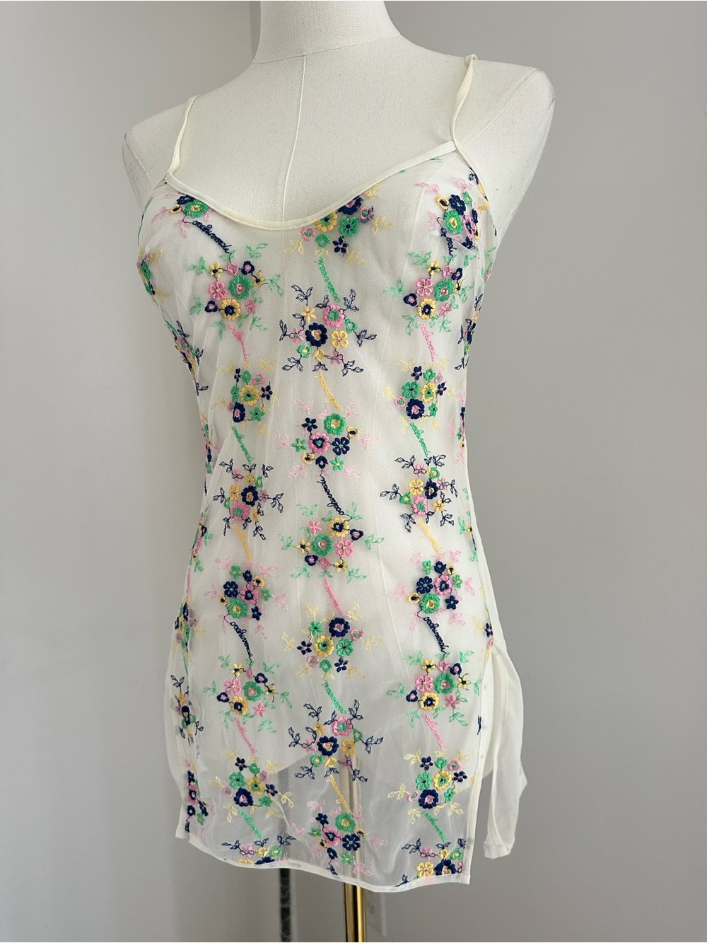 La Perla Ivory Sheer top chemise  with Multicolor Floral Embroidery